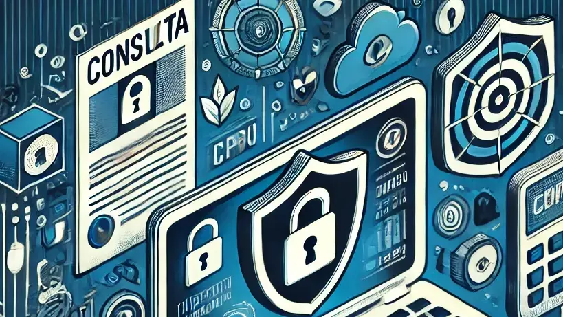 Ilustração representando a consulta de dados pelo CPF no Brasil, com um laptop exibindo gráficos e um campo de busca de CPF, simbolizando segurança digital e proteção de dados