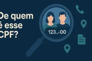 Ilustração de consulta de CPF com lupa, número parcialmente oculto, ícones de telefone, localização e perfis genéricos