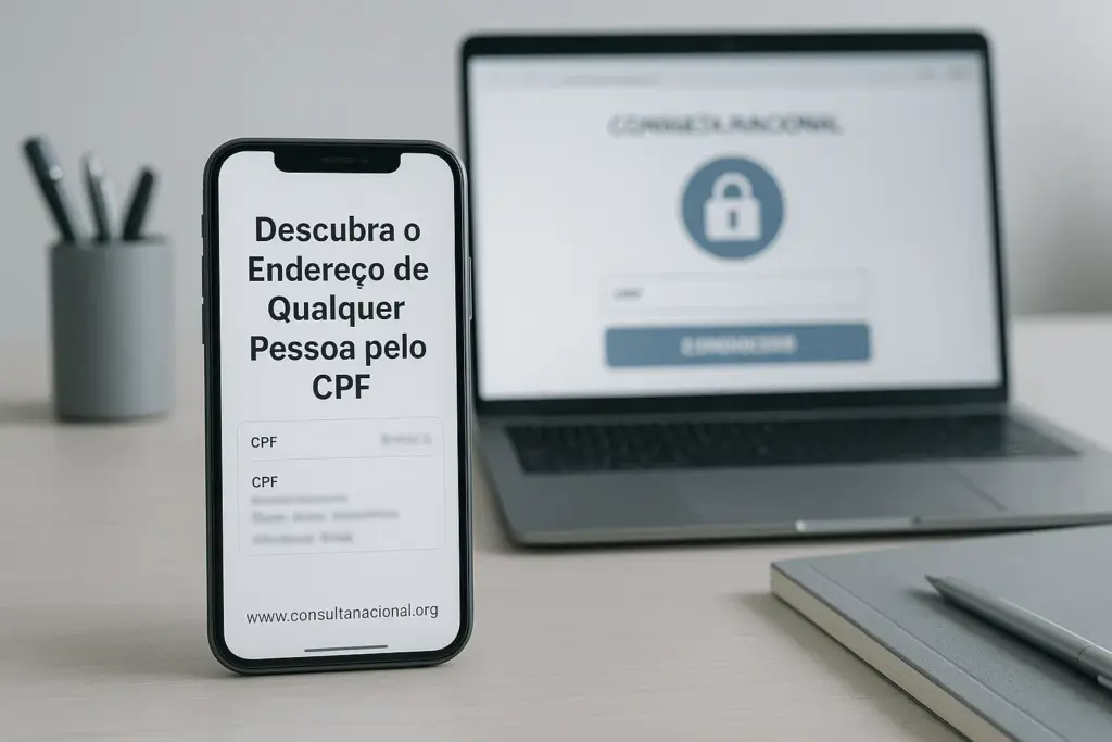 Smartphone mostrando uma busca por CPF com resultado de endereço em destaque, com interface moderna e discreta da Consulta Nacional