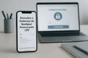Smartphone mostrando uma busca por CPF com resultado de endereço em destaque, com interface moderna e discreta da Consulta Nacional